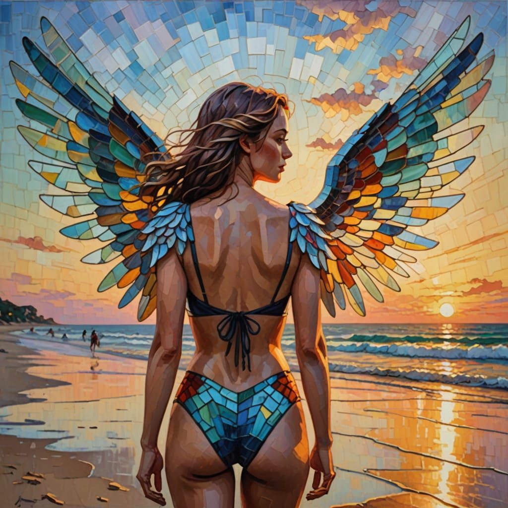 Angel with Stained-Glass Wings, Expressionist Oil Painting