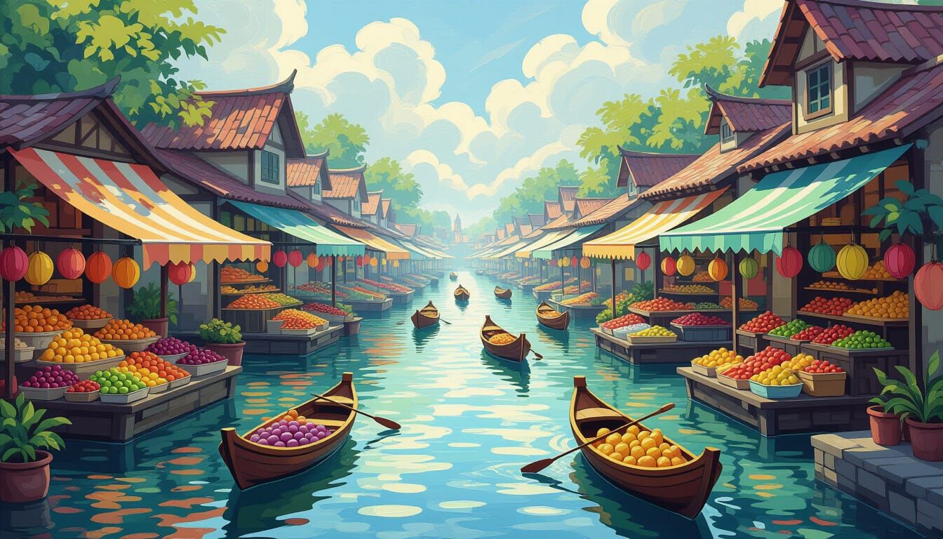 Bustling Floating Market in Mist with Whimsical Ships
