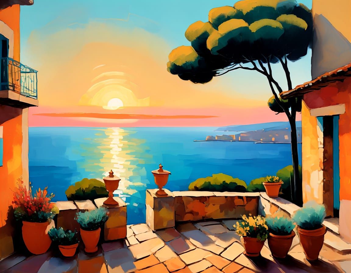 Idyllic Mediterranean Landscape in a Dreamy, Impressionist S...