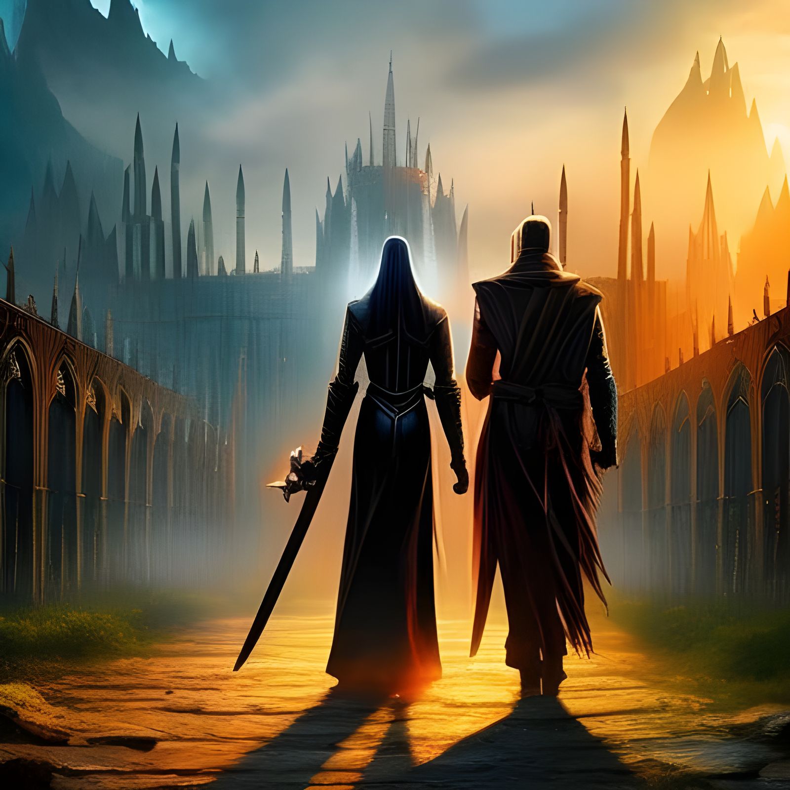 Futuristic Nun and Robot Companion in Sci-Fi Style