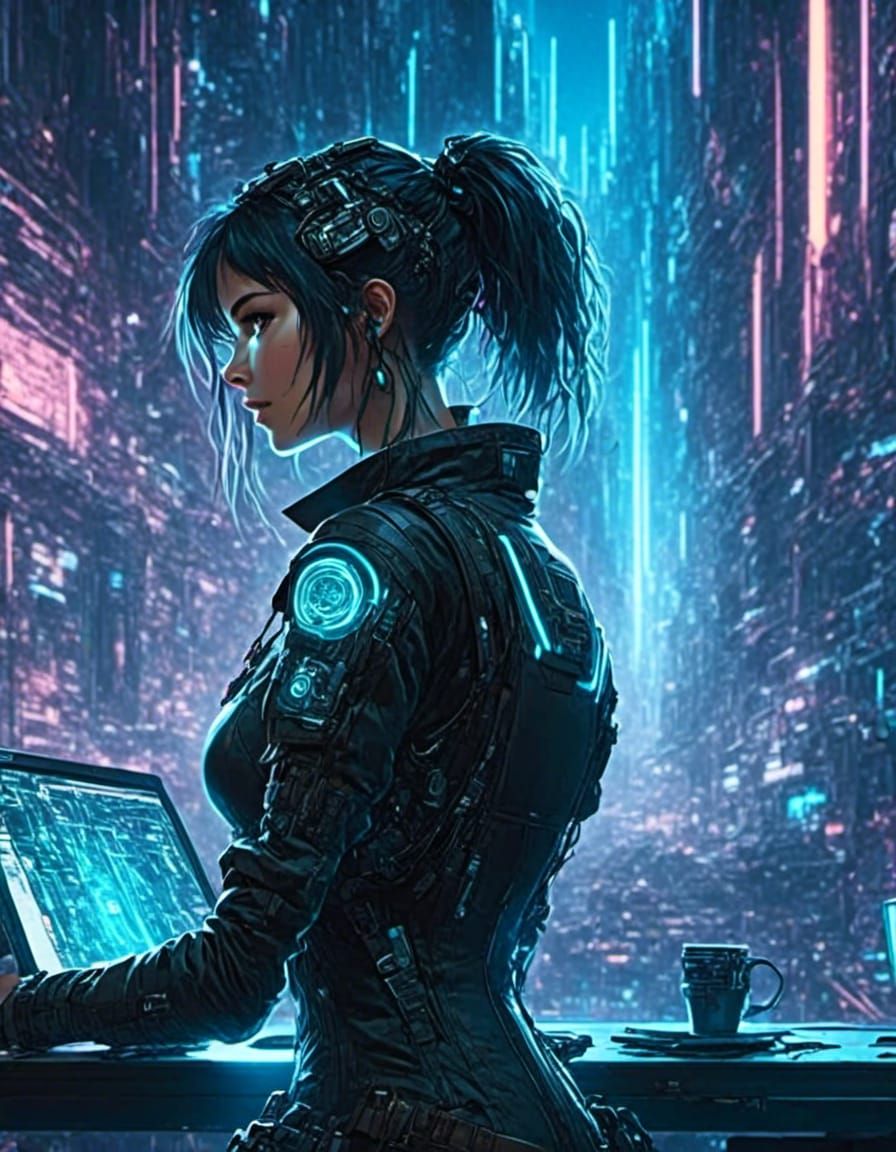 Female Anime cyberpunk Netrunner looking at coputer. <lora:Murraypunk v2:1.0> <lora:Gridimation:1.0>