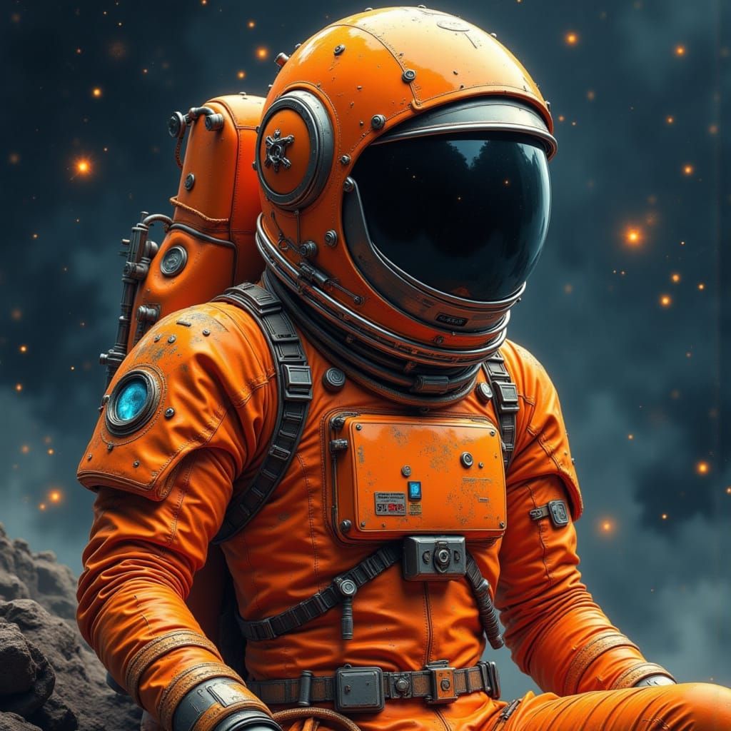 Spacefaring Virgo Maiden in Burnt Orange Spacesuit