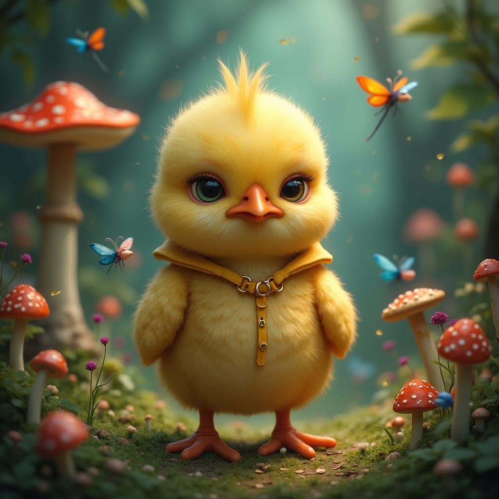 Grumpy Chick in Enchanted Forest: Whimsical Art