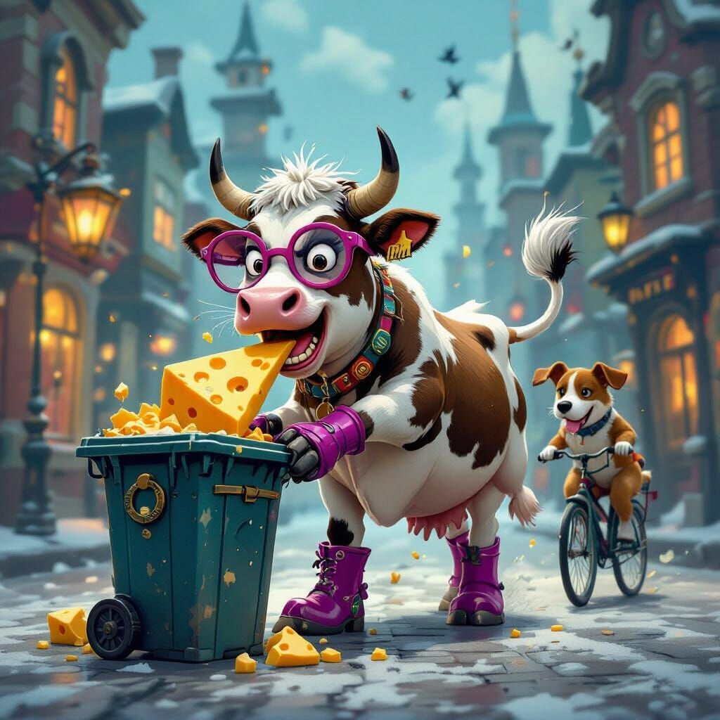 Angry Cow Takes Out Trash in North Pole City with Dog on Bik...