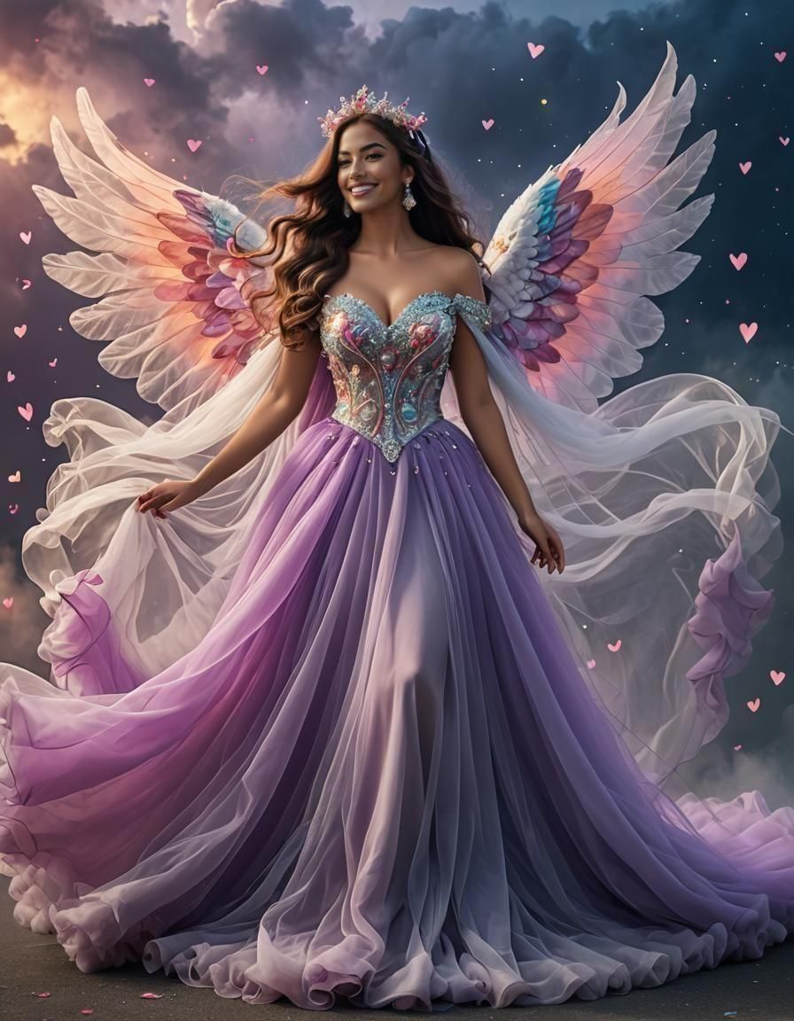 Glamorous Woman with Angel Wings in Cosmic Setting