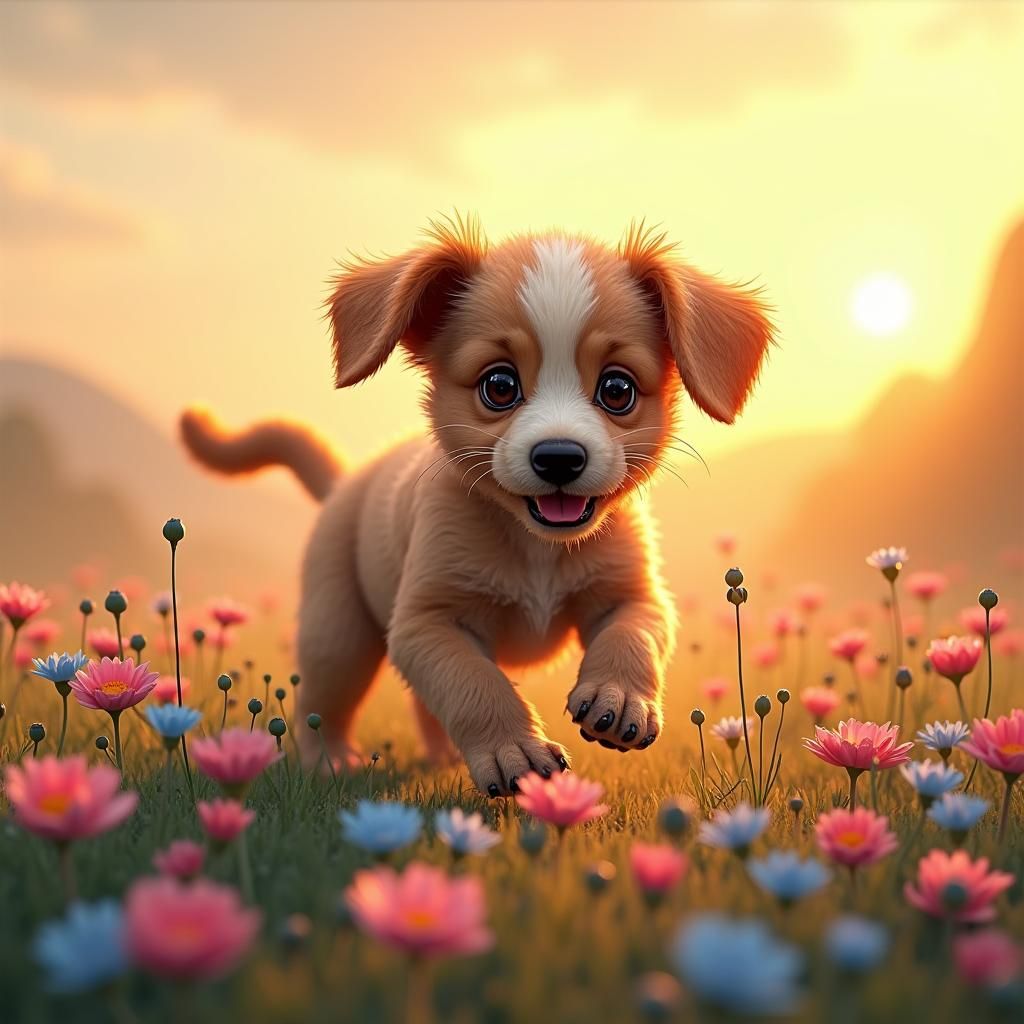 Puppy's Joyful Run Through Flower Field in Matte Painting St...