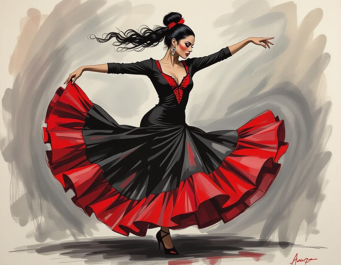 Flamenco Dancer in Expressive Charcoal Drawing Style