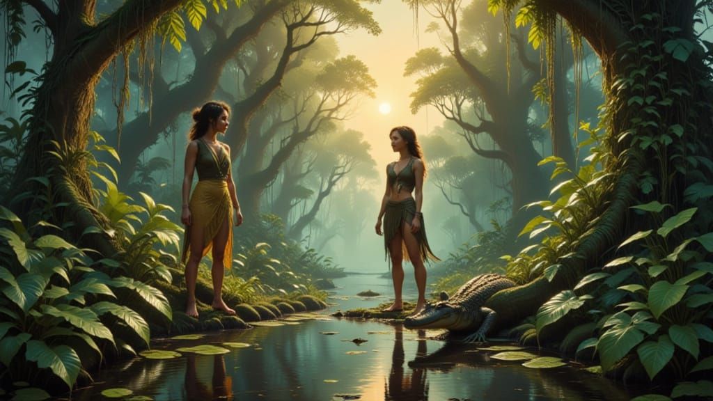 African Warrior and Princess Face Approaching Crocodile in J...