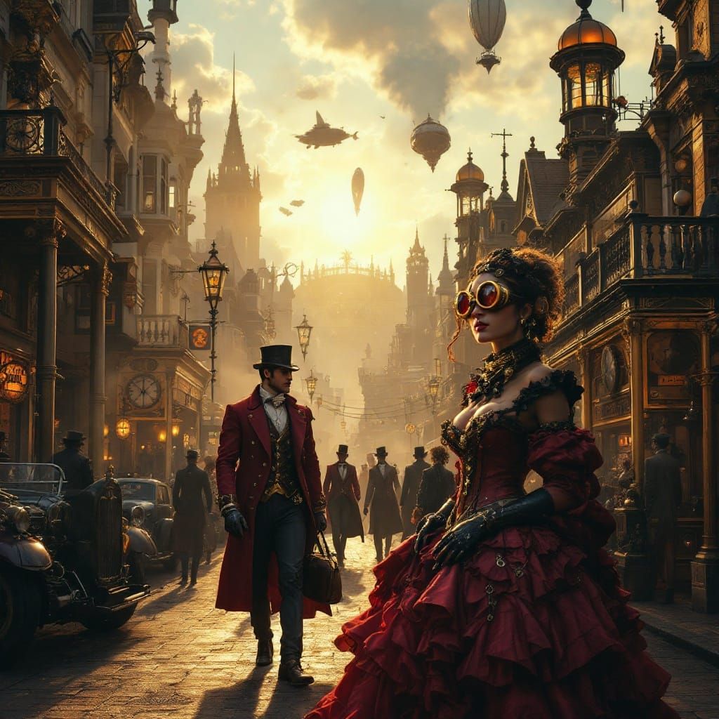 Steampunk Street Scene in Vibrant Victorian Style