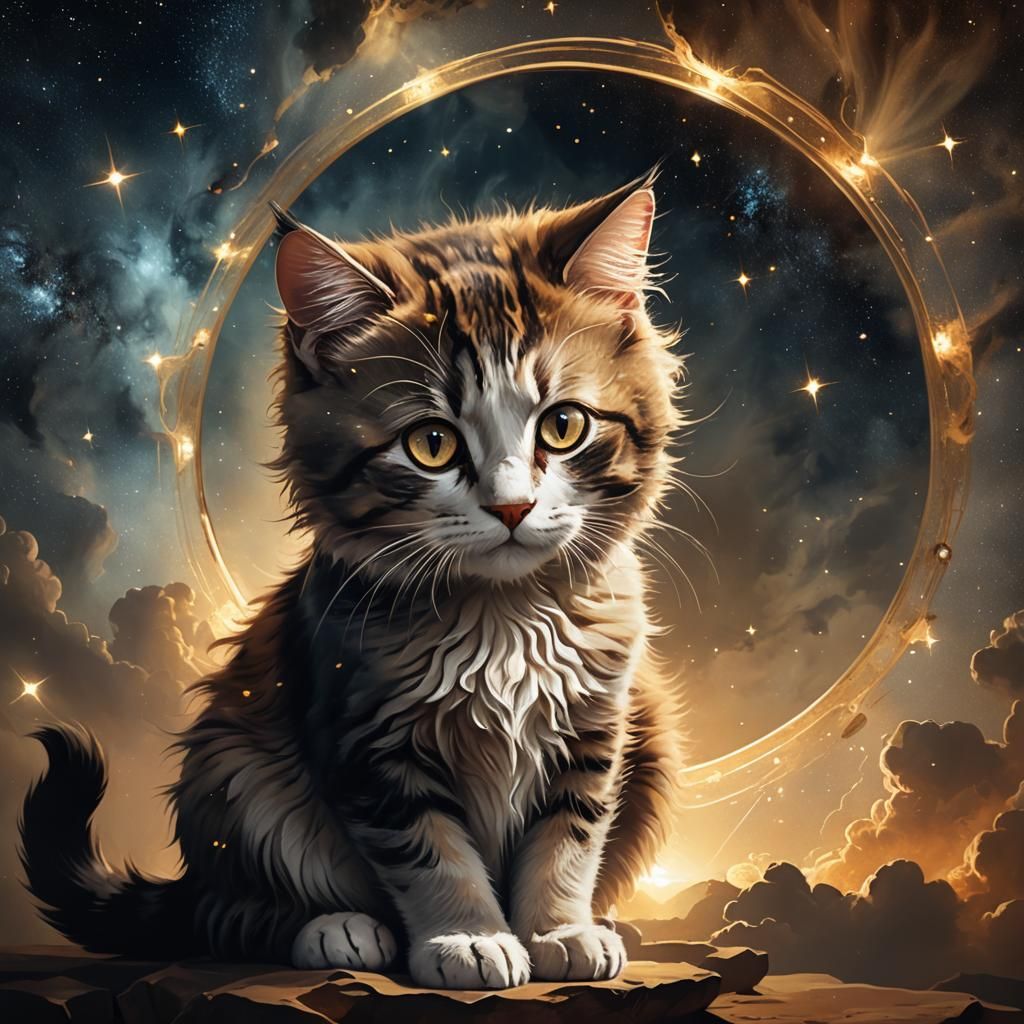 Cat with Mirror Eyes Reflecting Nebulae, Caravaggio Style