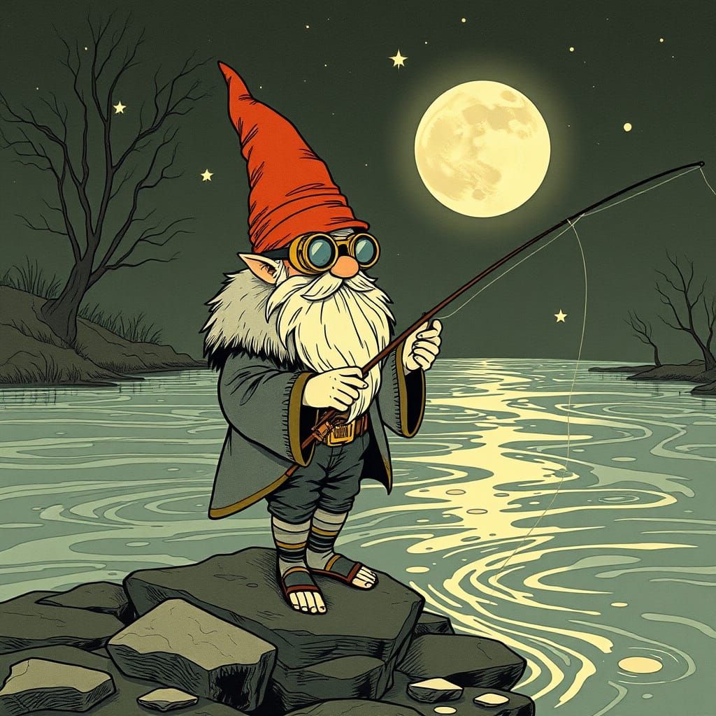 Art Nouveau Gnome Fishing in Liquid Moonlight River