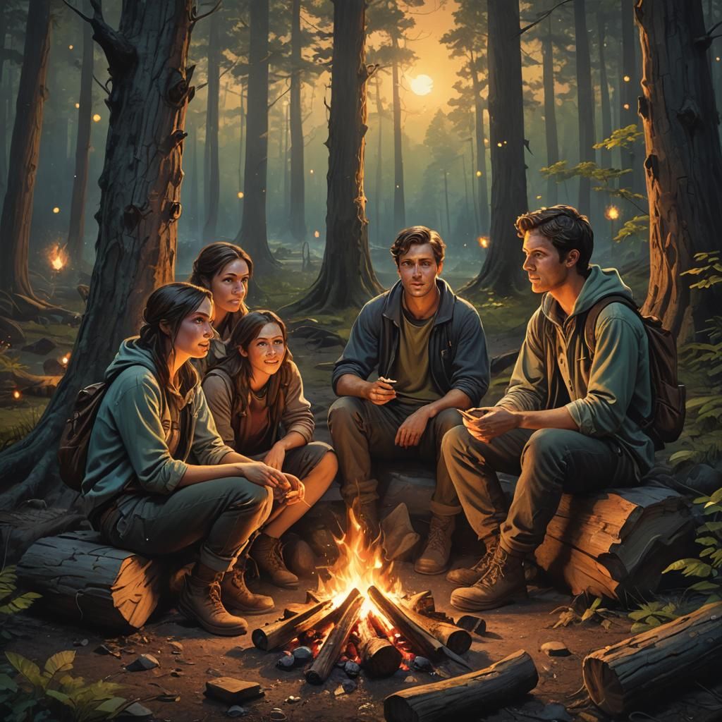Friends Gather 'Round Campfire in Fantasy Forest