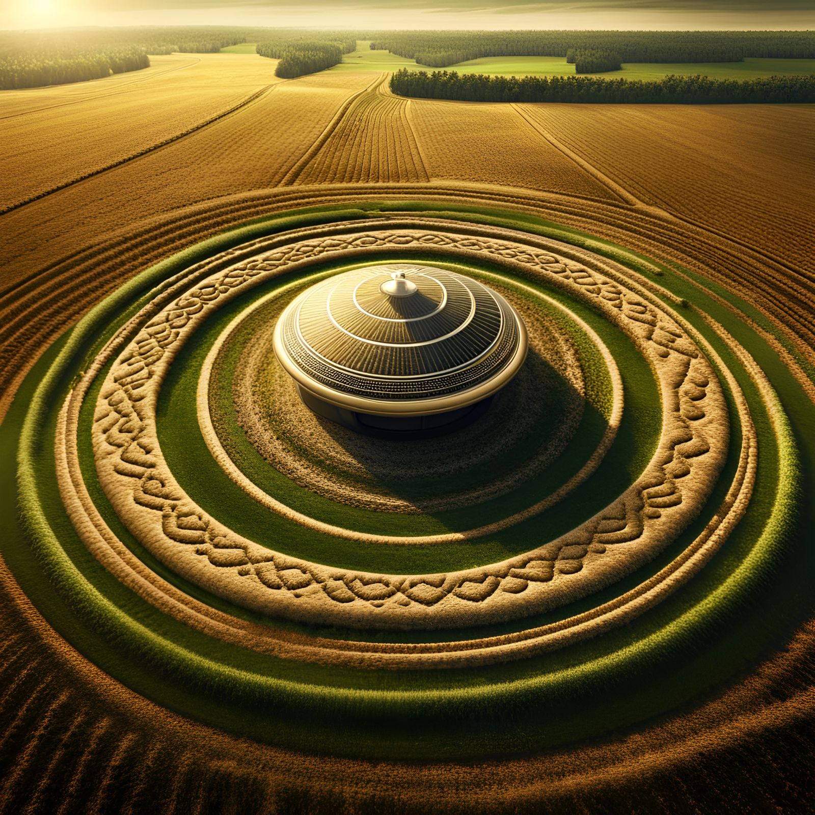 UFO Over Crop Circles in Hyperrealistic Style