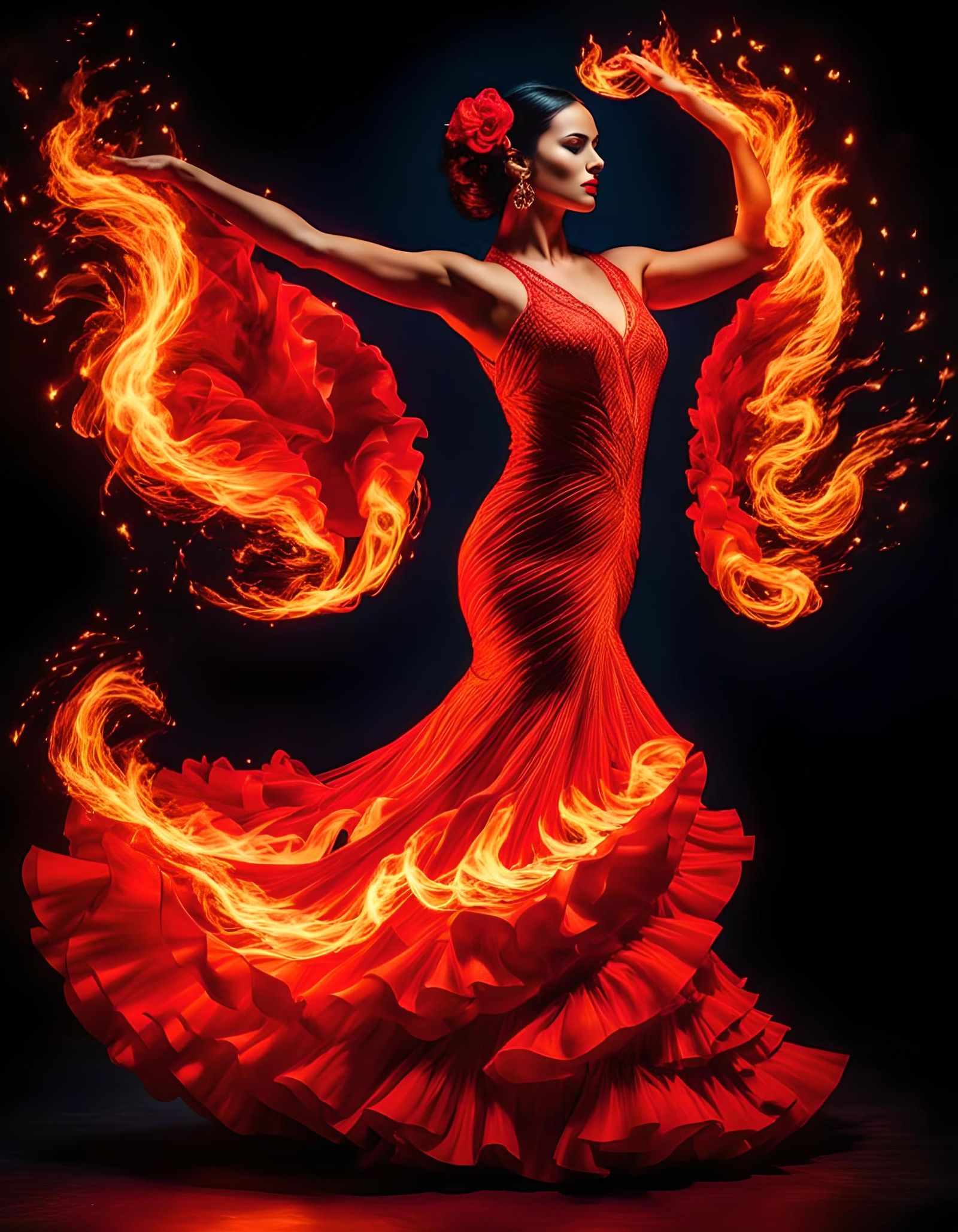 Flamenco Dancer in Fiery Dress, Magical Lighting