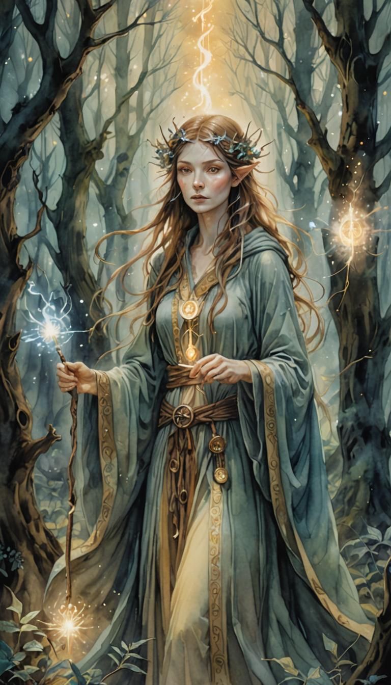 Mystical Wizard in Enchanted Forest, Watercolor Style