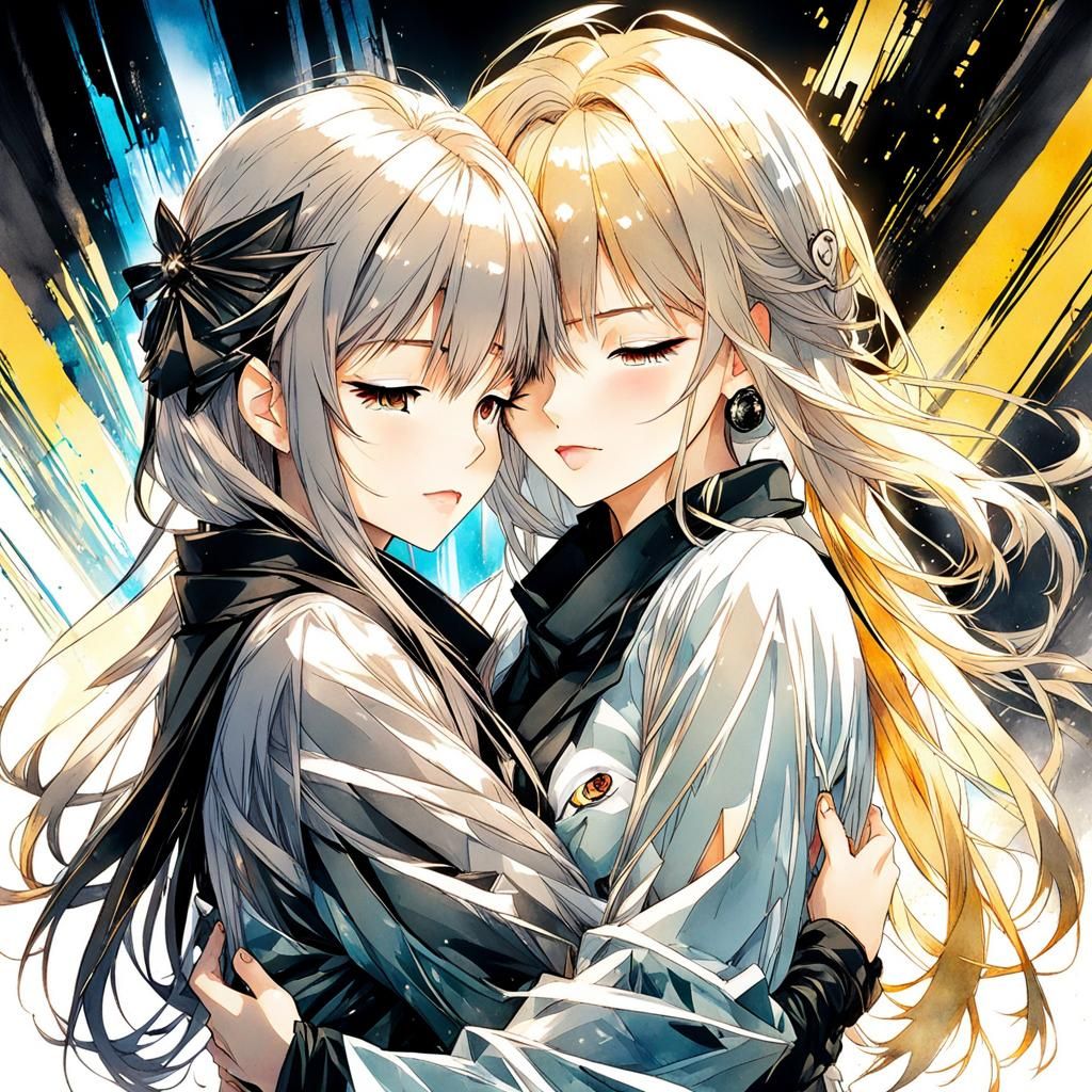 Anime Girls Hugging in Ink and Watercolor