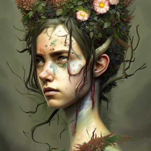 Detailed Portrait of a Smirking Flower Dryad