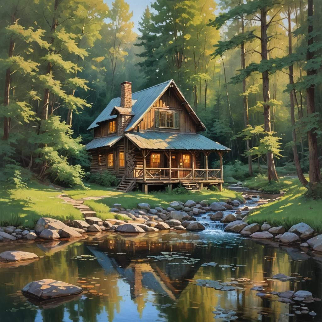 Idyllic Cabin by Stream in Impressionist Oil Painting