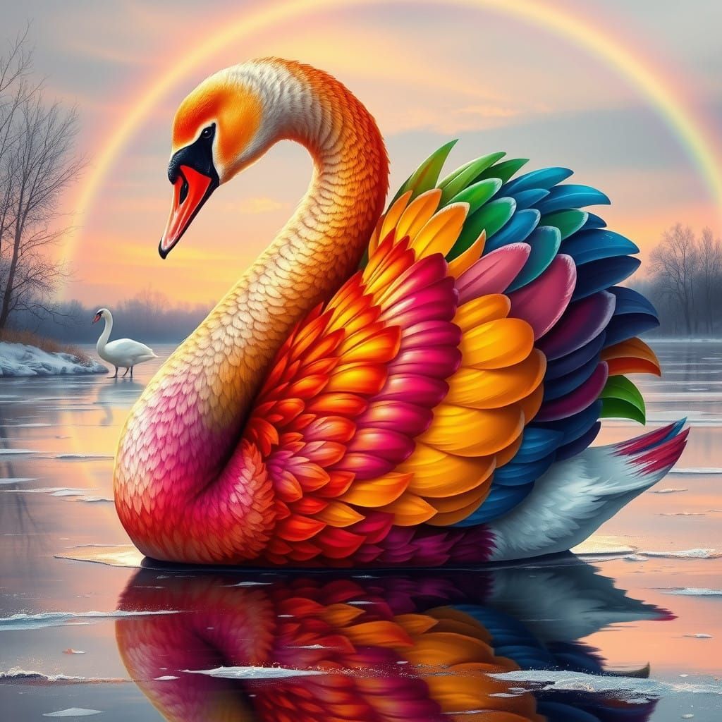 Surreal Swan Rests on Frozen Lake in Vibrant, Rainbow-Hued M...