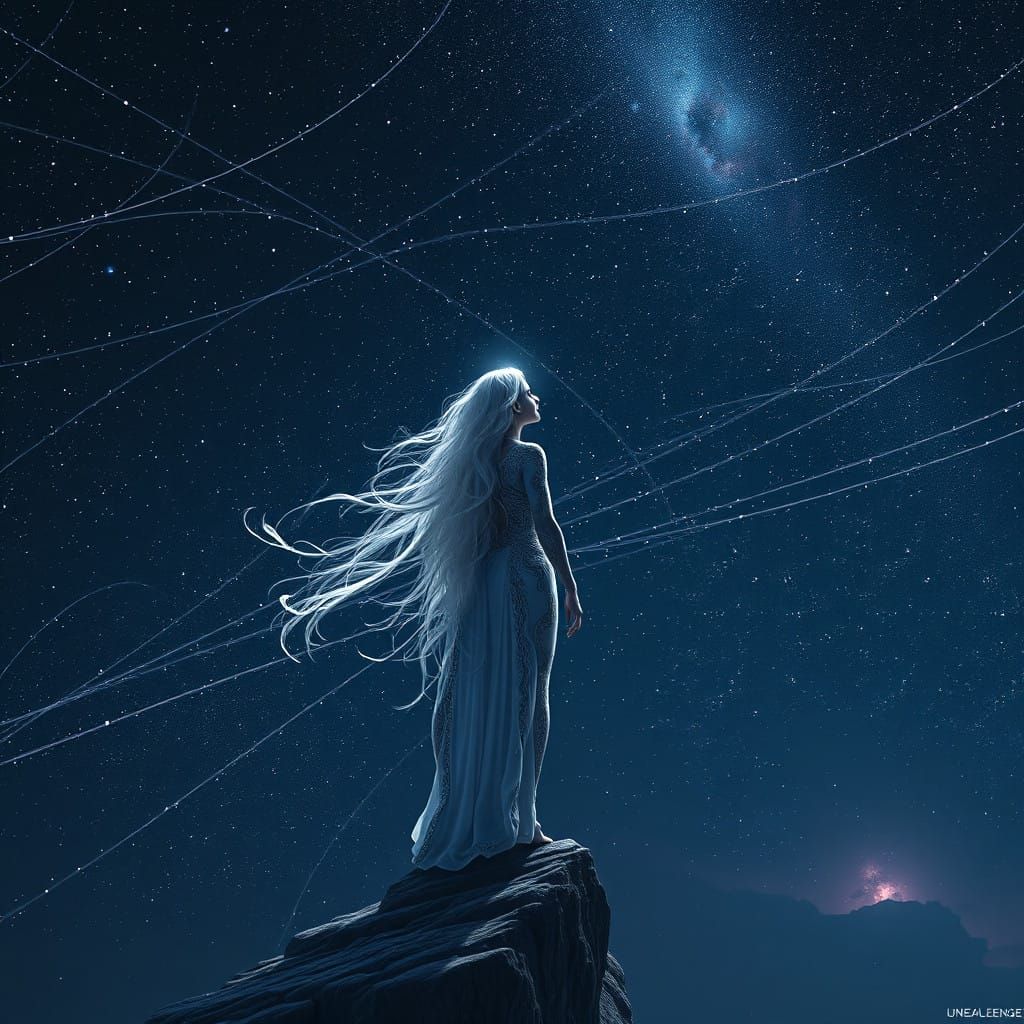 Celestial Woman Stands at the Edge of a Cliff, Gazing Up at....