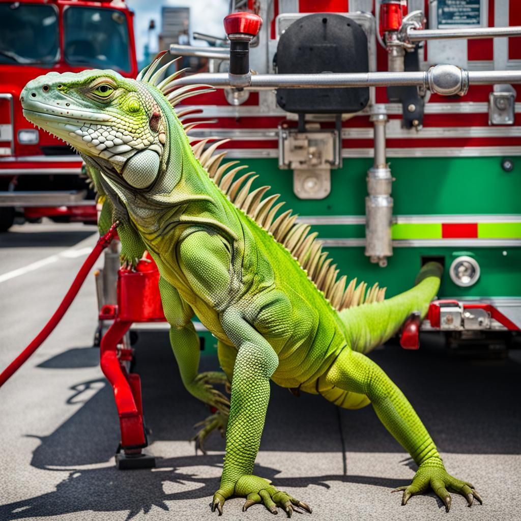 Green iguana driving a fire engine