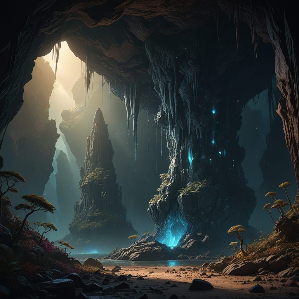 Alien Cavern Crystal Formation with Ethereal Light