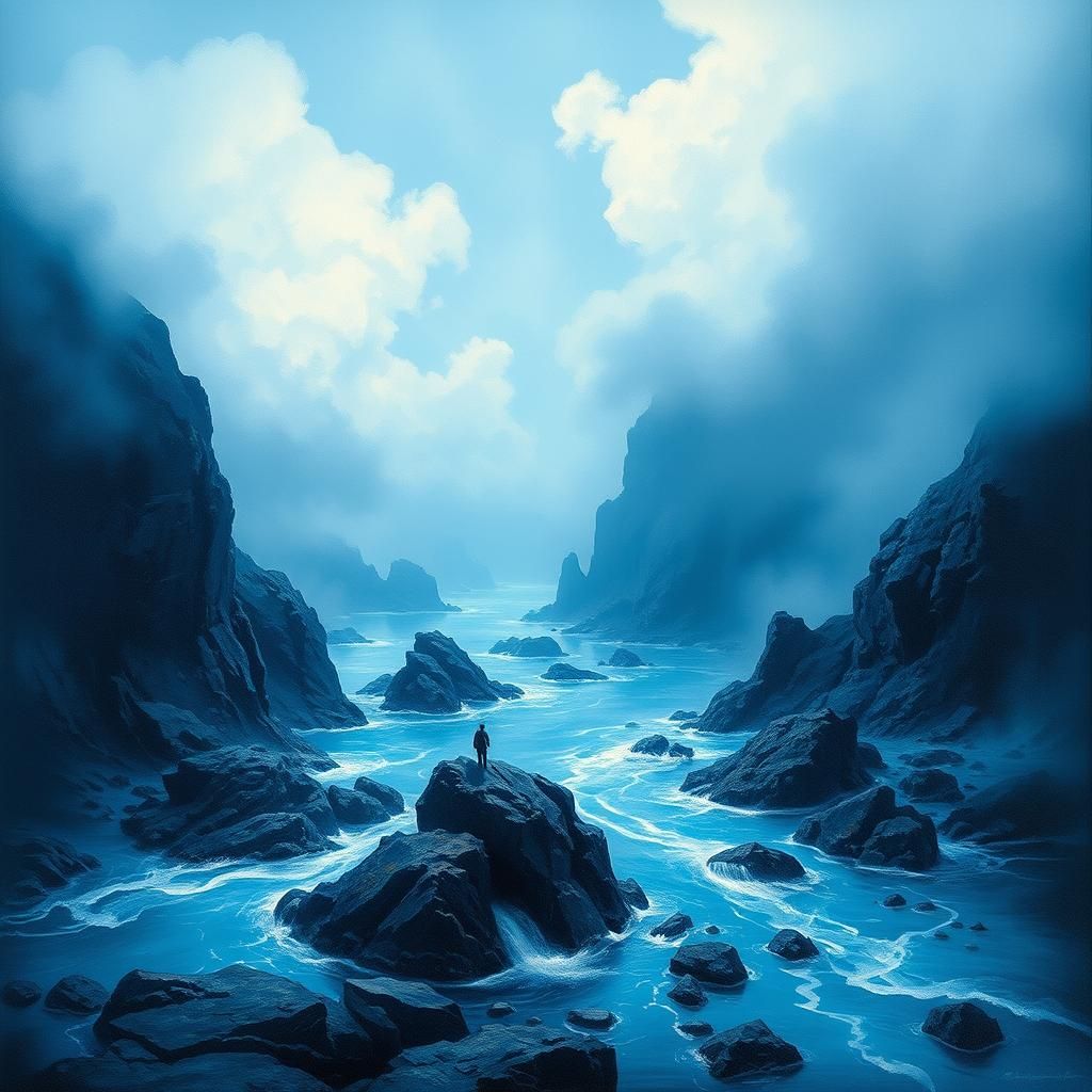 Blue Marine Landscape in Romantic Style