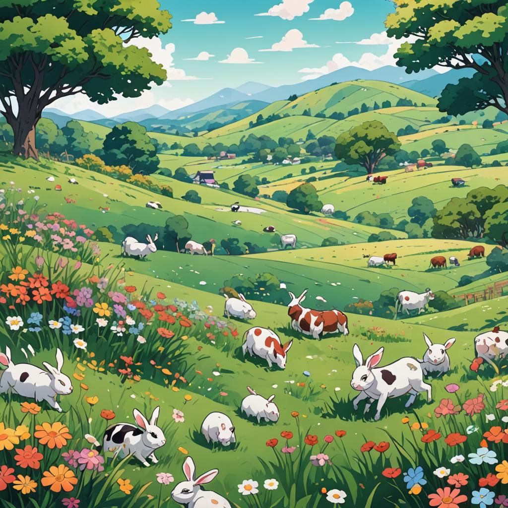 Vibrant Anime Meadow Landscape with Bunnies and Cows