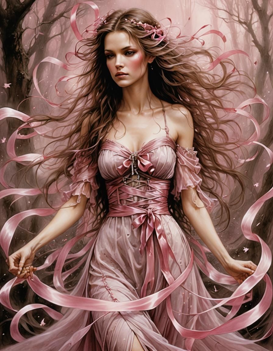 Ethereal Woman with Pink Ribbons, Rococo Illustration