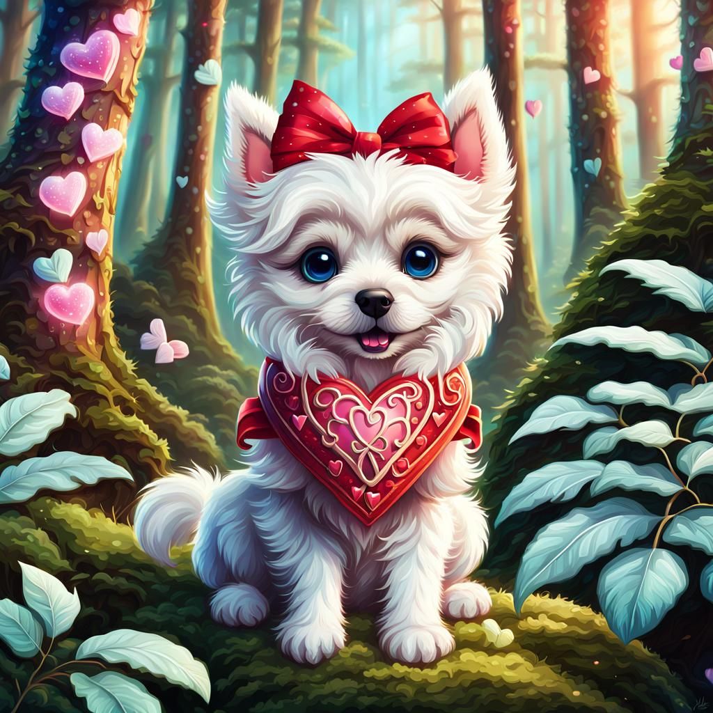 Valentine Puppy in Evergreen Forest: Fantasy Concept Art