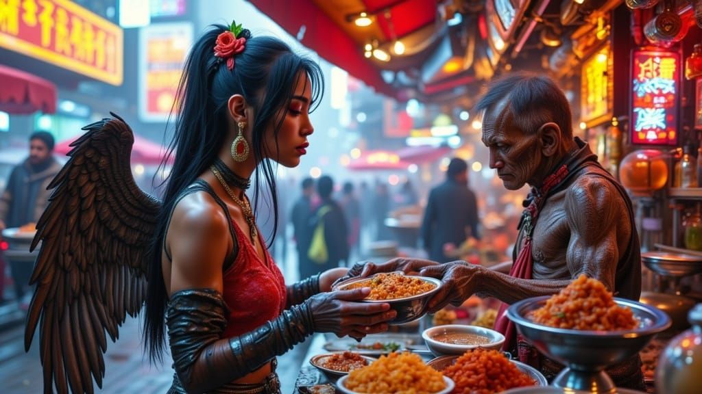 Alien Marketplace: Winged Vendor Serves Food