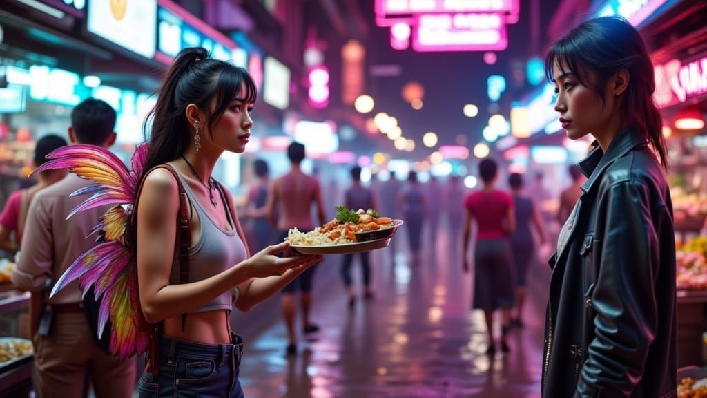 Futuristic Alien Marketplace with Winged Vendor