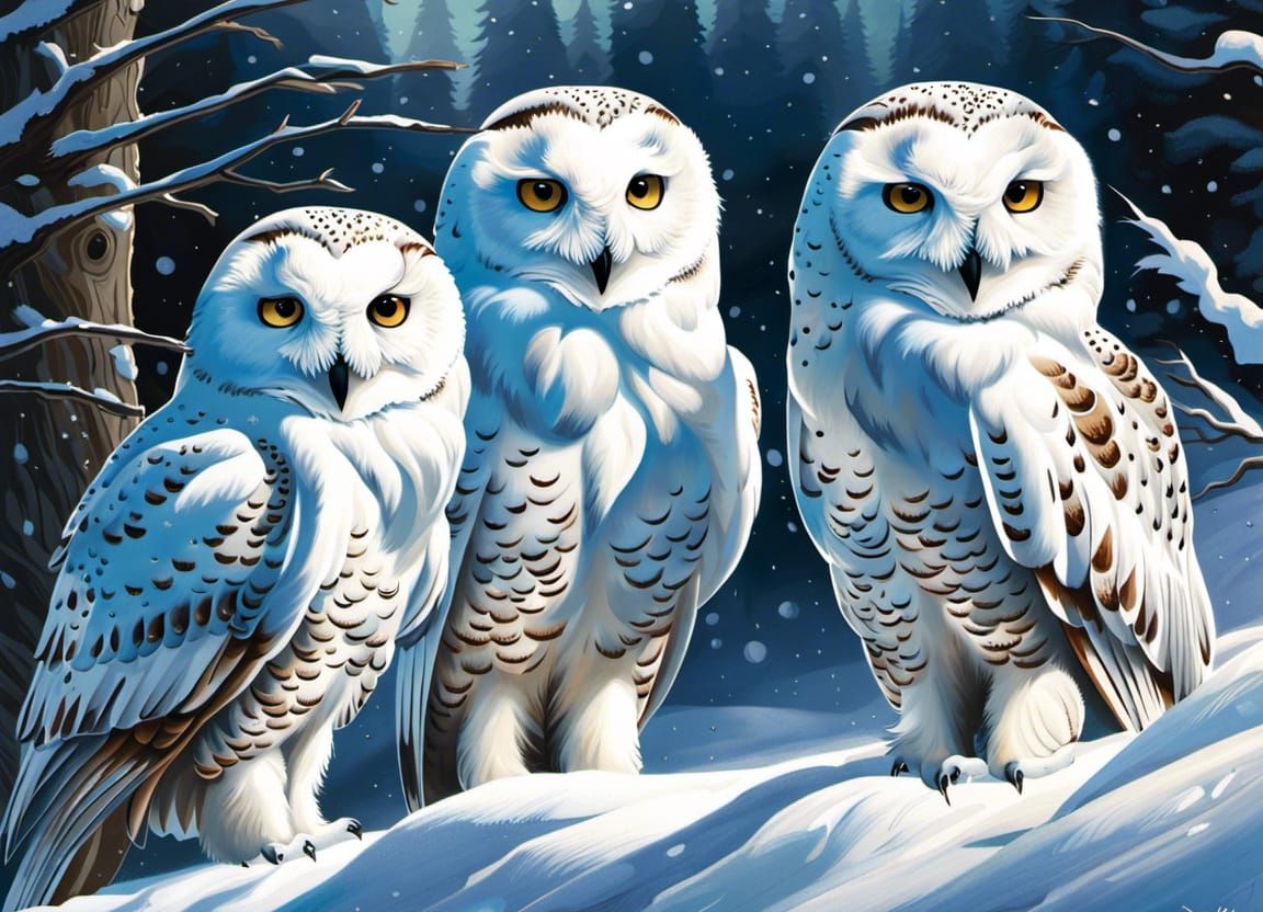 Hyperrealistic Portrait of Snow Owls in Winter Habitat