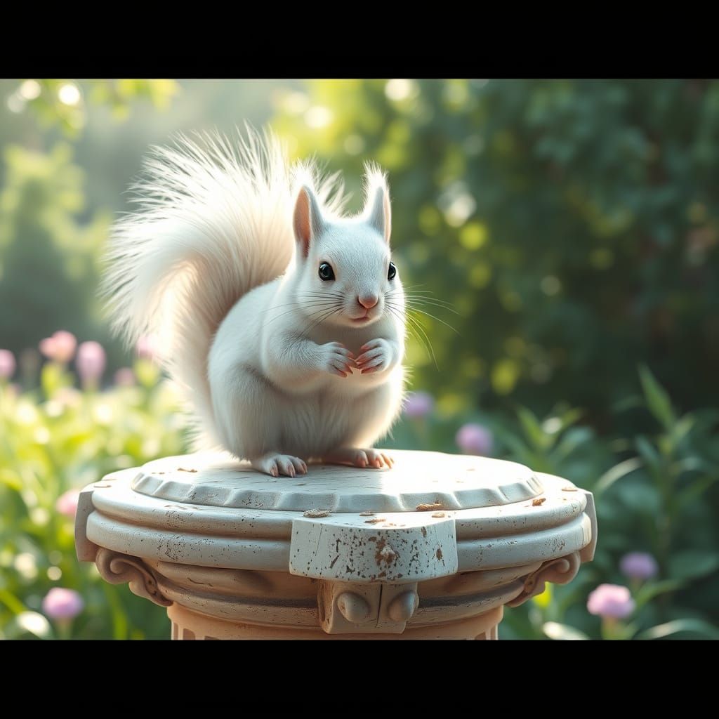 A photograph of a fluffy white squirrel perched halfway up a...
