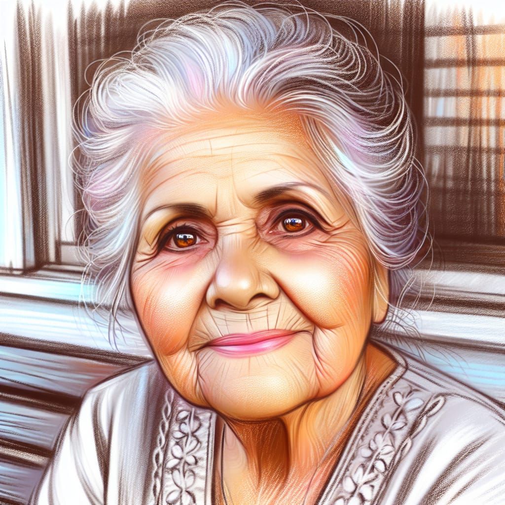 Pastel Portrait of Elderly Hispanic Woman on Porch