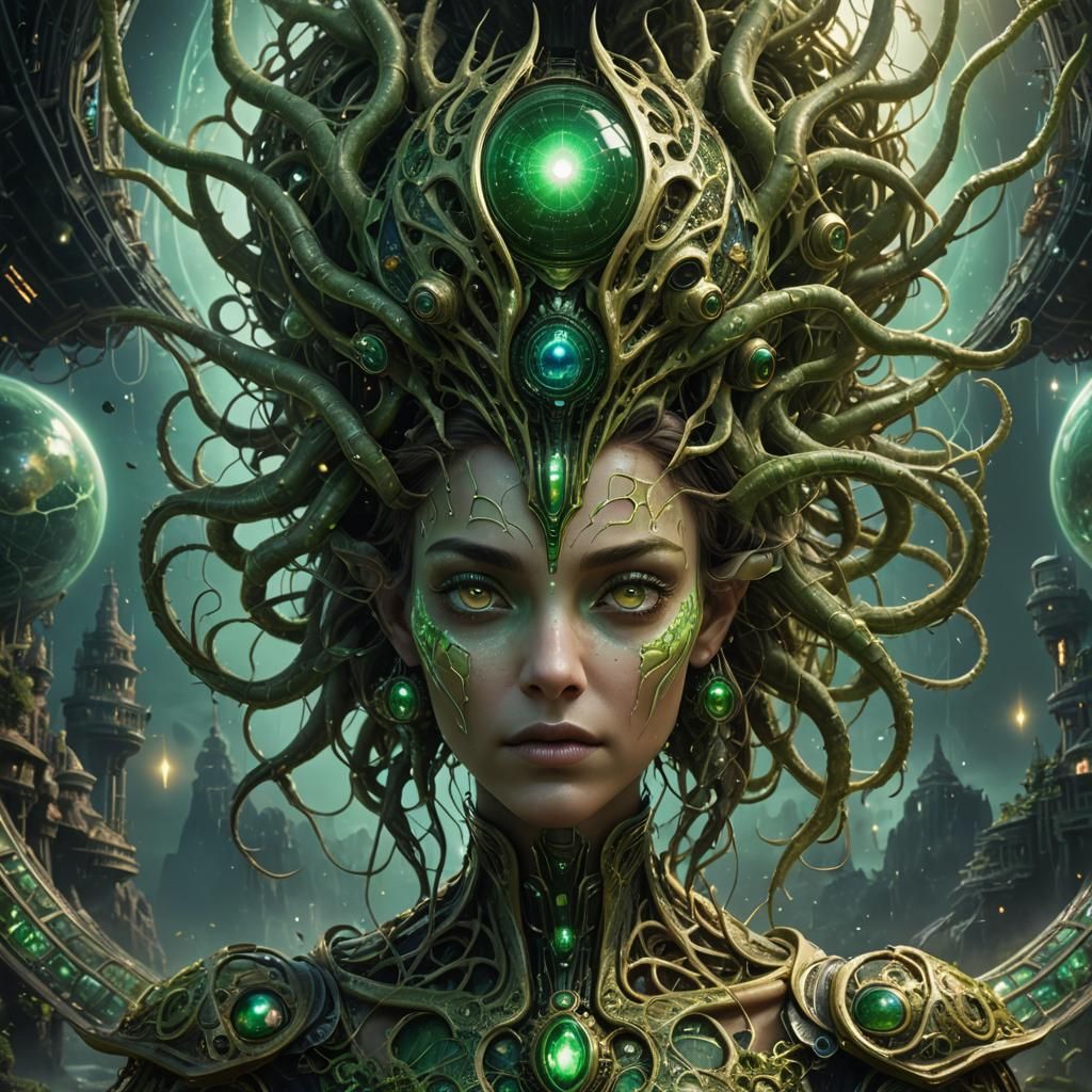 Alien Beauty with Luminescent Tentacles, Digital Art