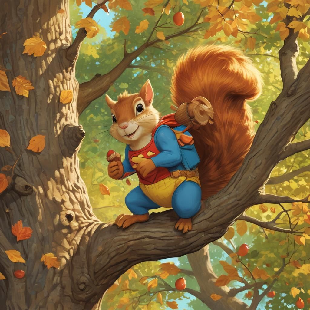 Superman as Squirrel Climbing Tree in Whimsical Art