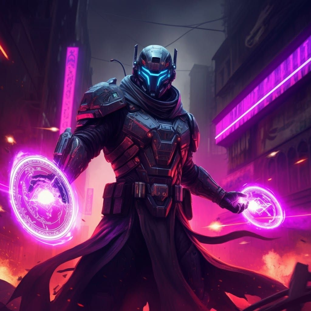 Cyberpunk Wizard Casting Spells on Futuristic Battlefield