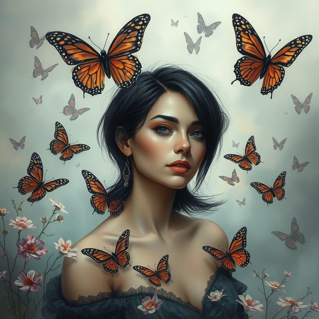 "3D illusion of Otherworldly butterflies wonderland at backg...
