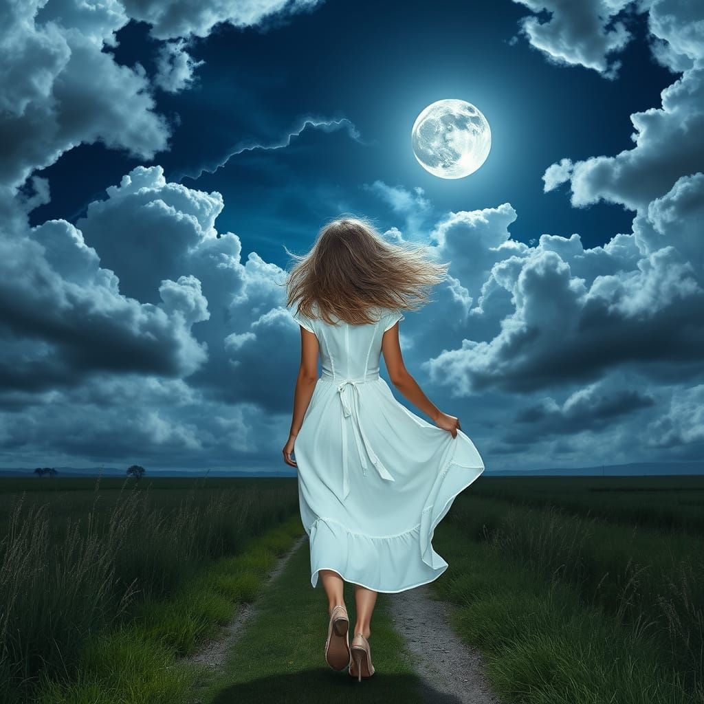 Girl Walking Towards Moon on Stormy Night
