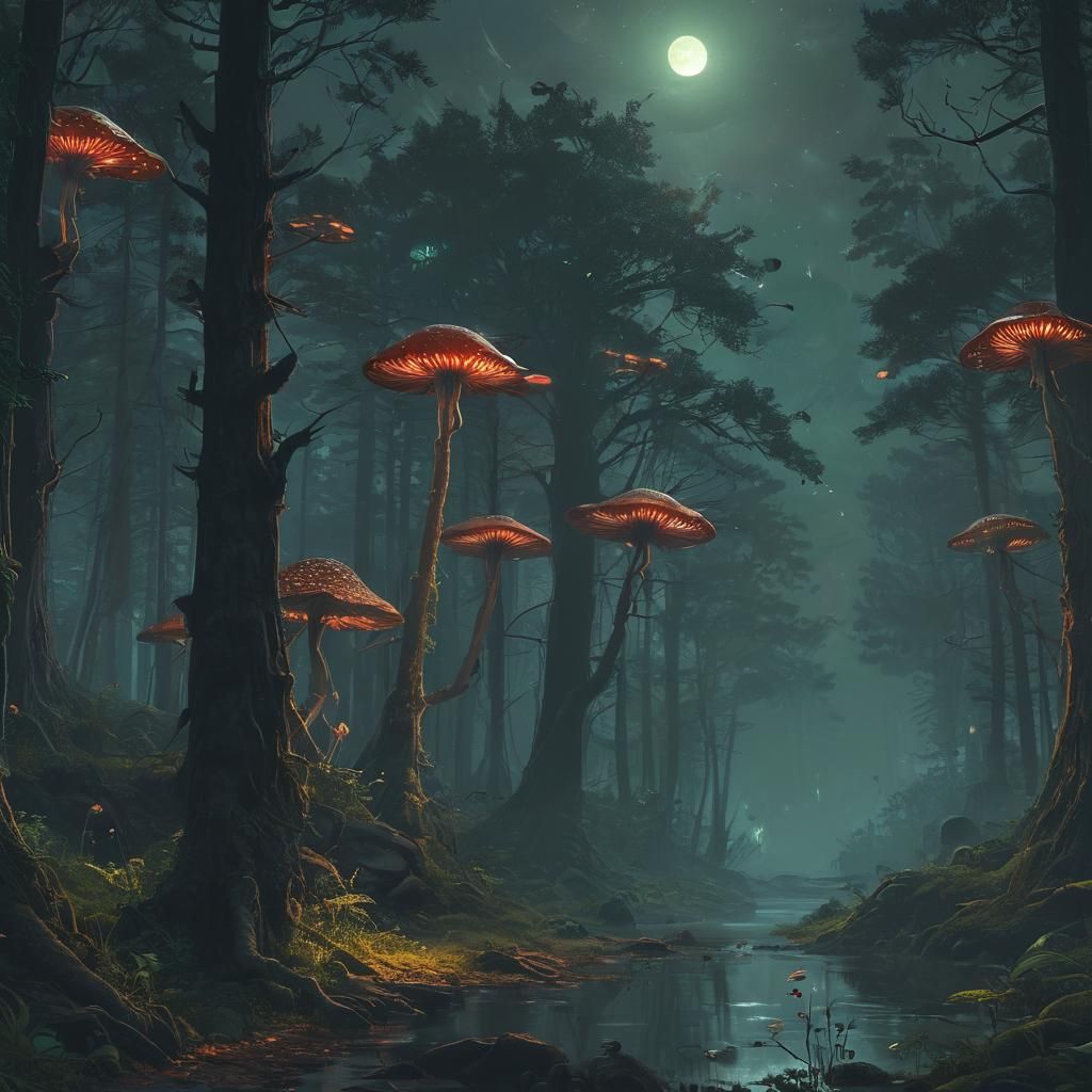 Mystical Forest Landscape with Glowing Mushrooms