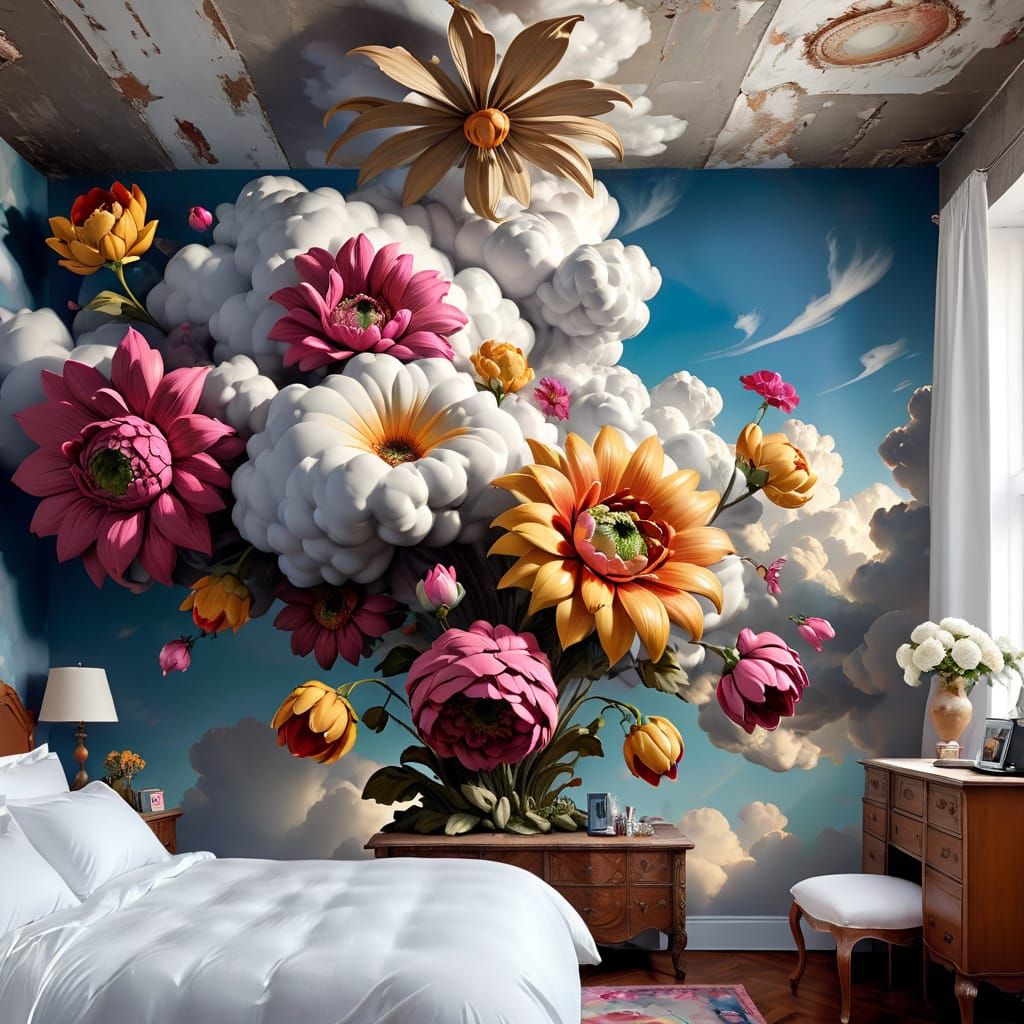 Surreal Bedroom with Gigantic Abstract Flower