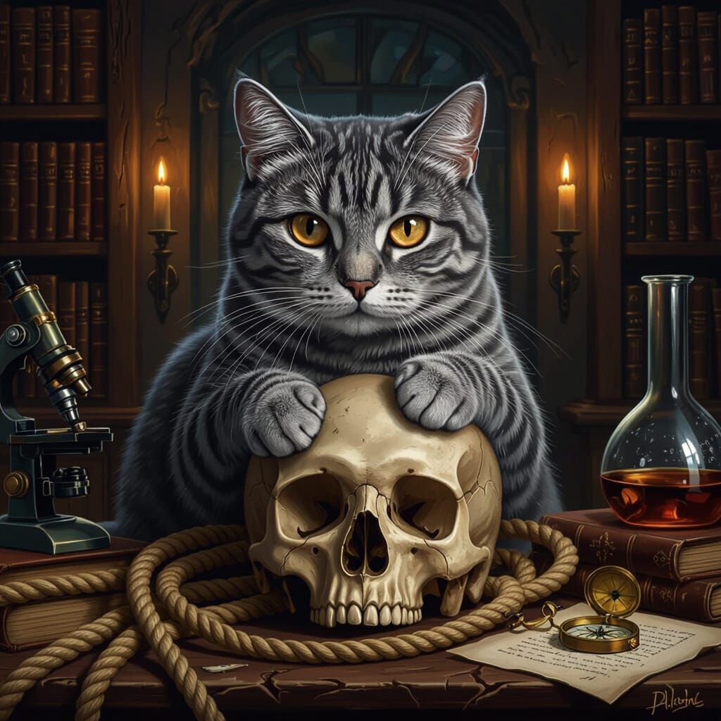 Serious Tabby Cat on Skull in Sepia Tones