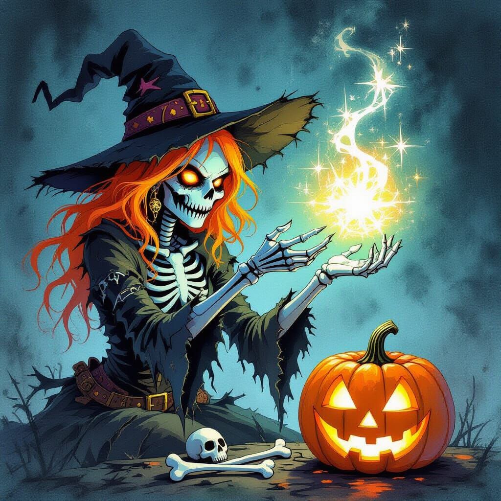 Spooky Ghost Woman Casting Spell with Bones