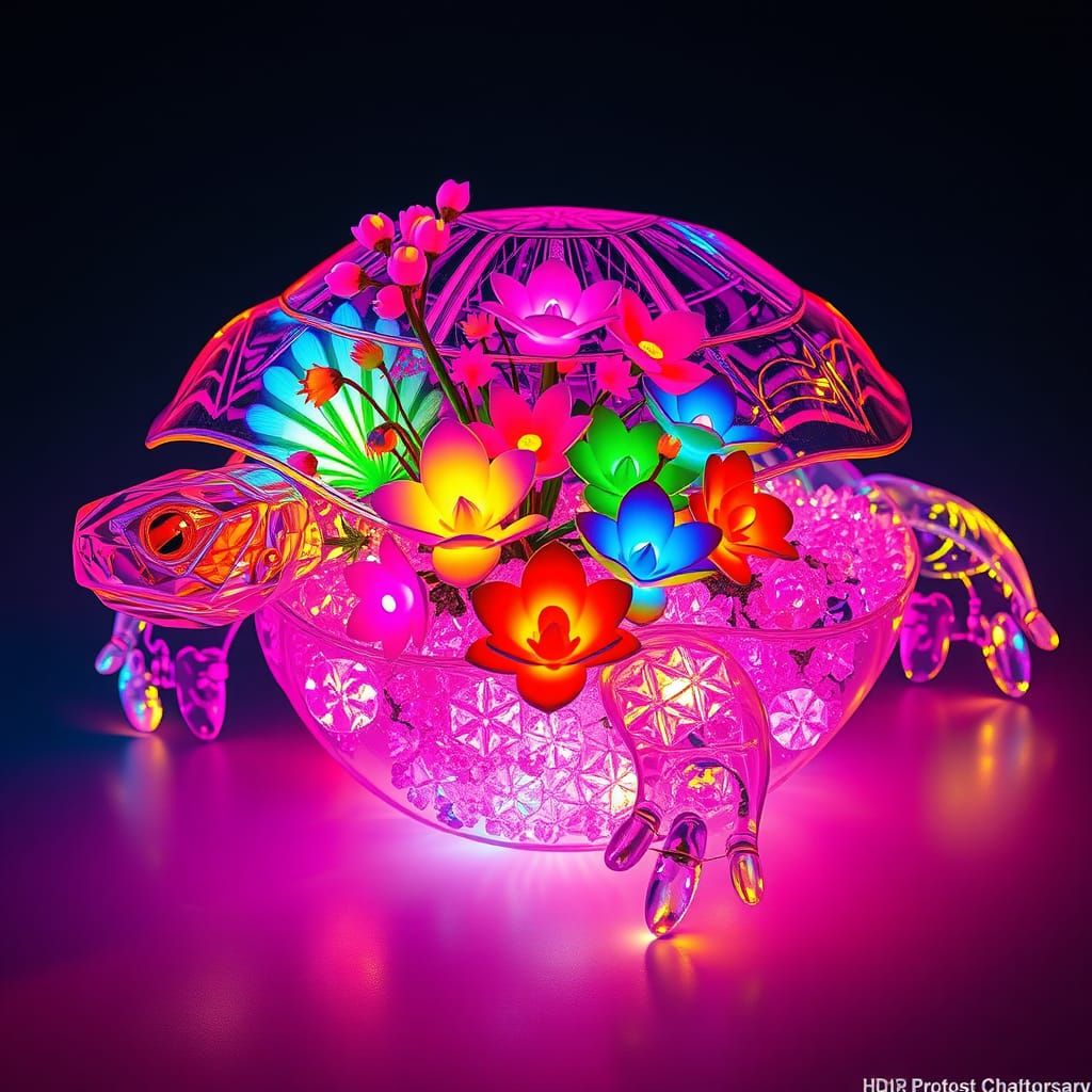 Iridescent Crystal Turtle Shell with Bioluminescent Plants