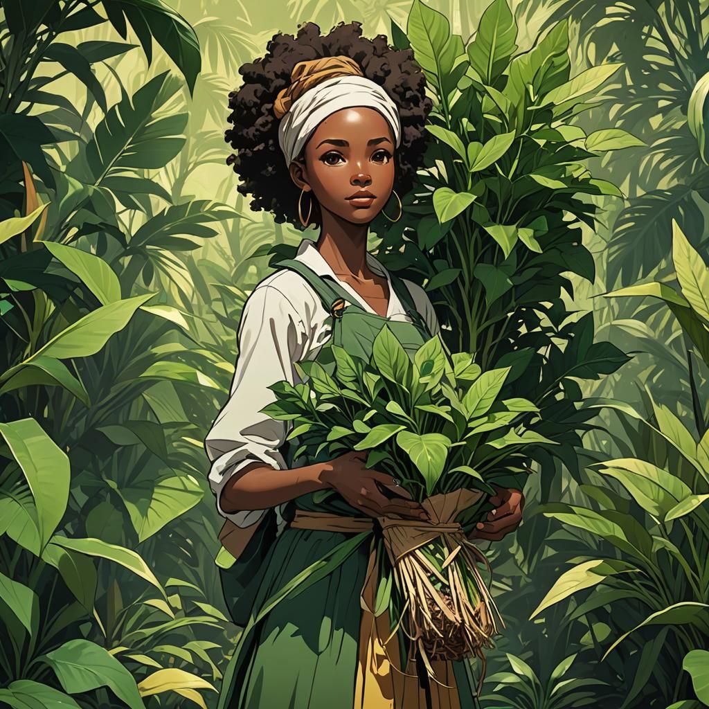 African American Woman with Plants in Anime Style