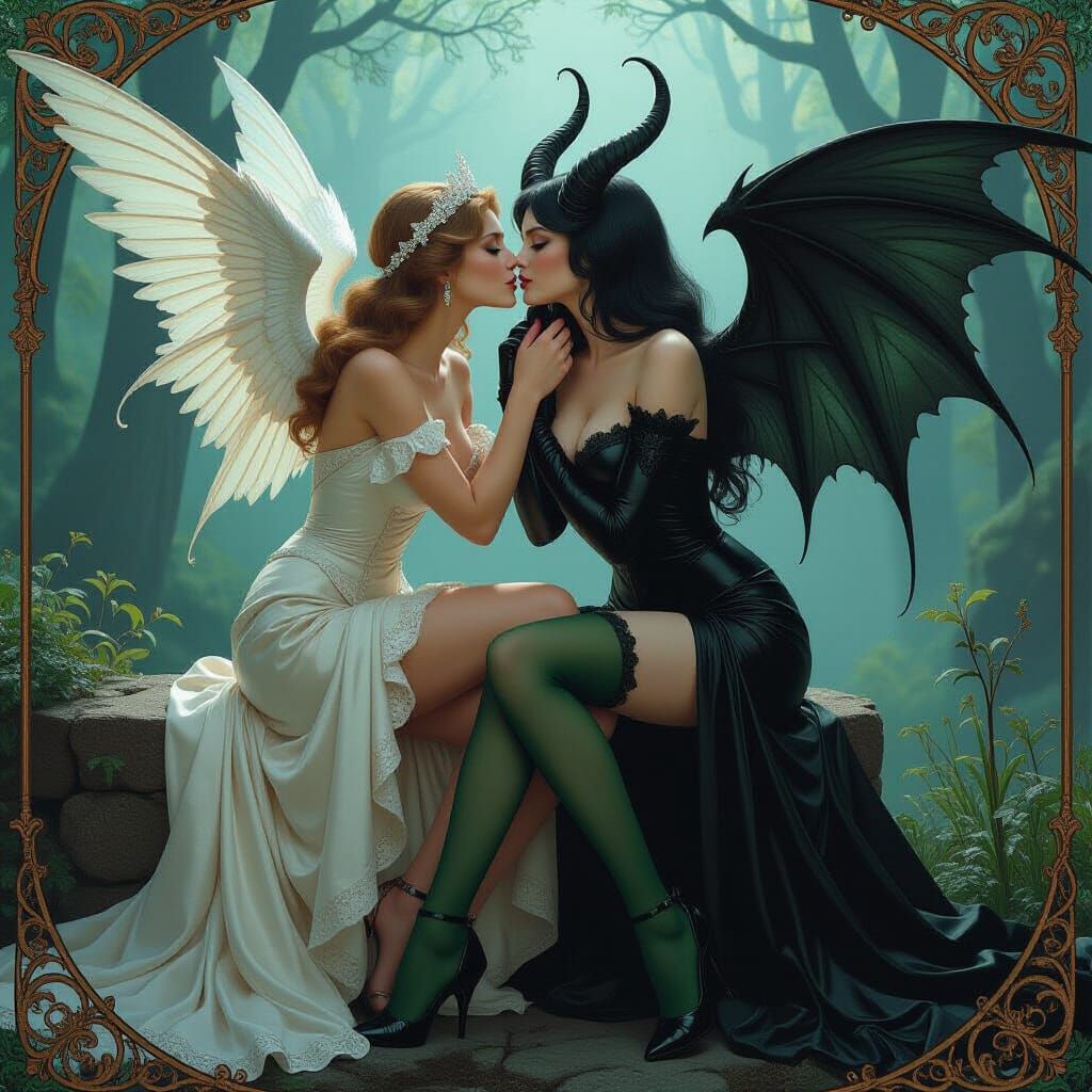 Angelic Lady Kissing Demon in Misty Forest, Art Nouveau