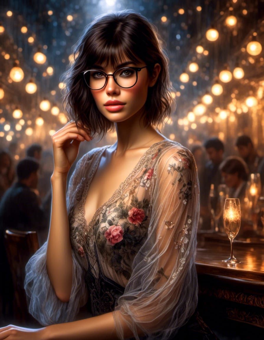 Brunette in Mesh Blouse, Hyperrealistic Illustration