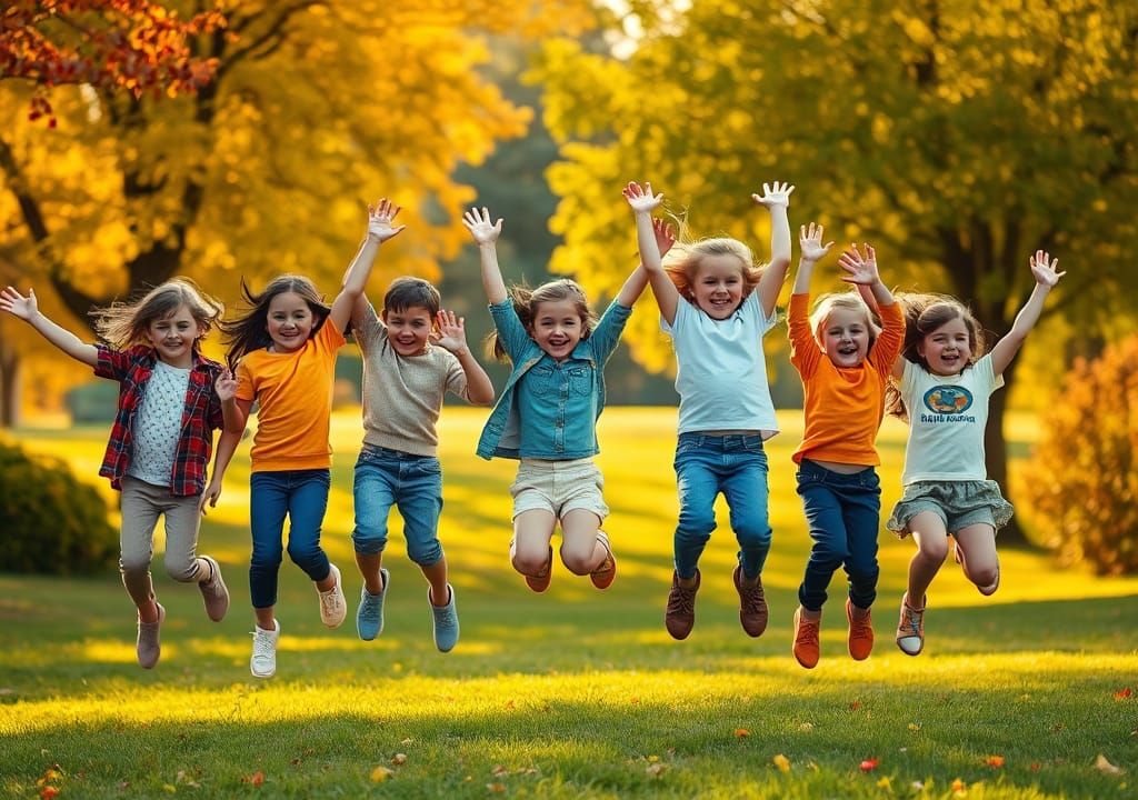 Children Jumping in Autumn Park, Photorealistic Figuration L...