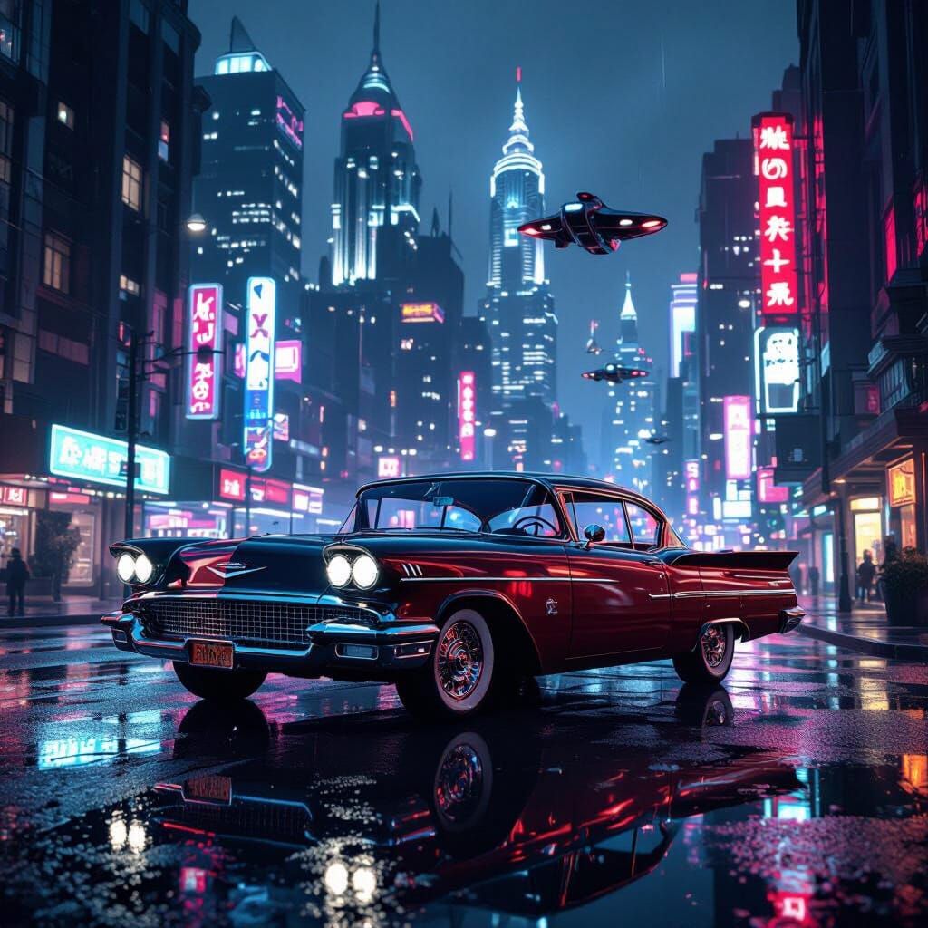 Retro-Futuristic Cyberpunk Cityscape with Vintage Car
